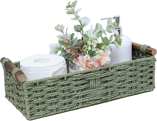 Round Paper Rope Storage Basket Wicker Baskets for Organizing with Handle Decorative Storage Bins for Countertop Toilet Paper Basket for Toilet Tank Top Small Baskets , Green