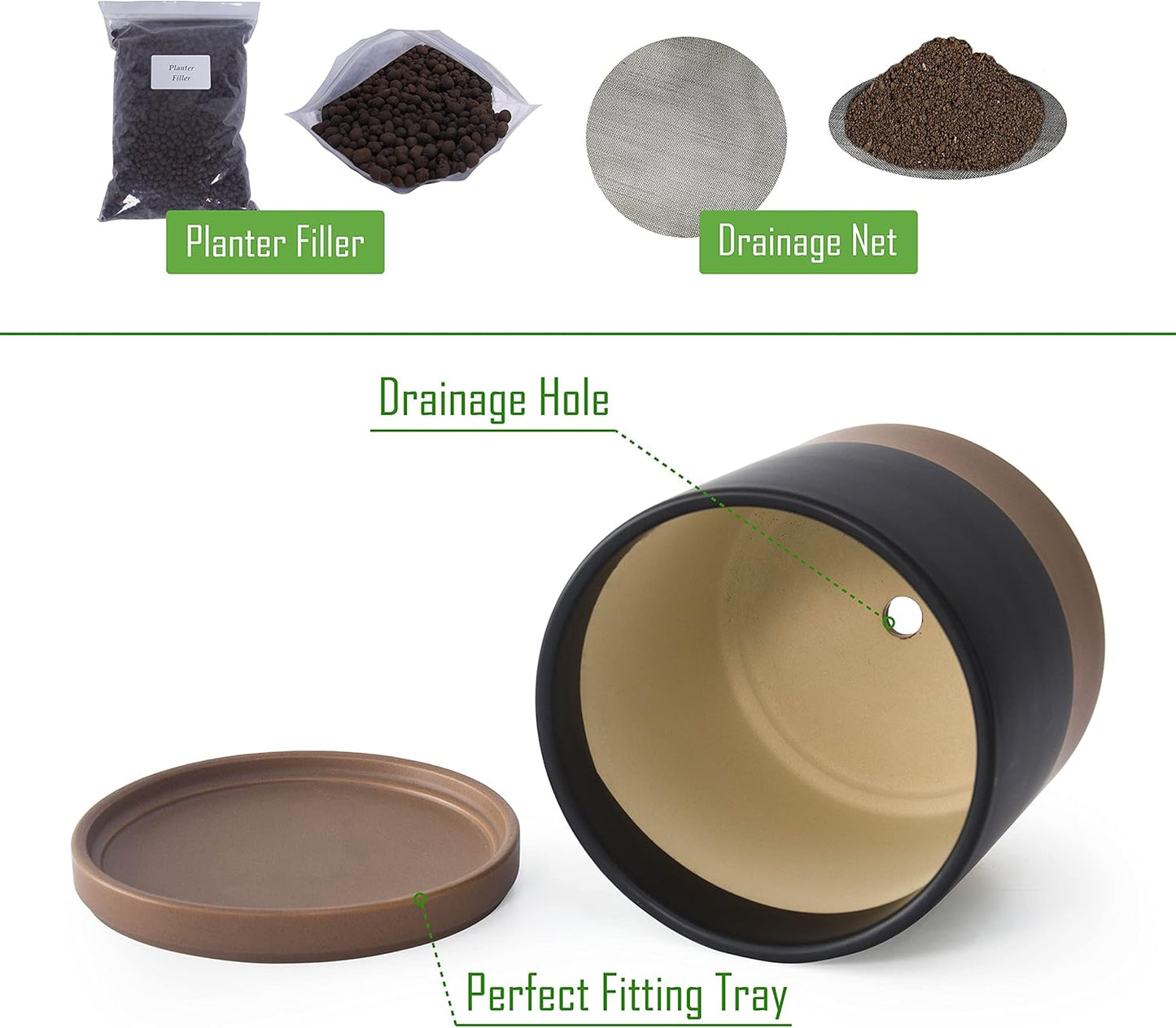 8 Inch Ceramic Planter Pot with Drainage Hole and Saucer, Indoor Cylinder round Planter Pot, Black/Speckled Tan, 94-O-D-7