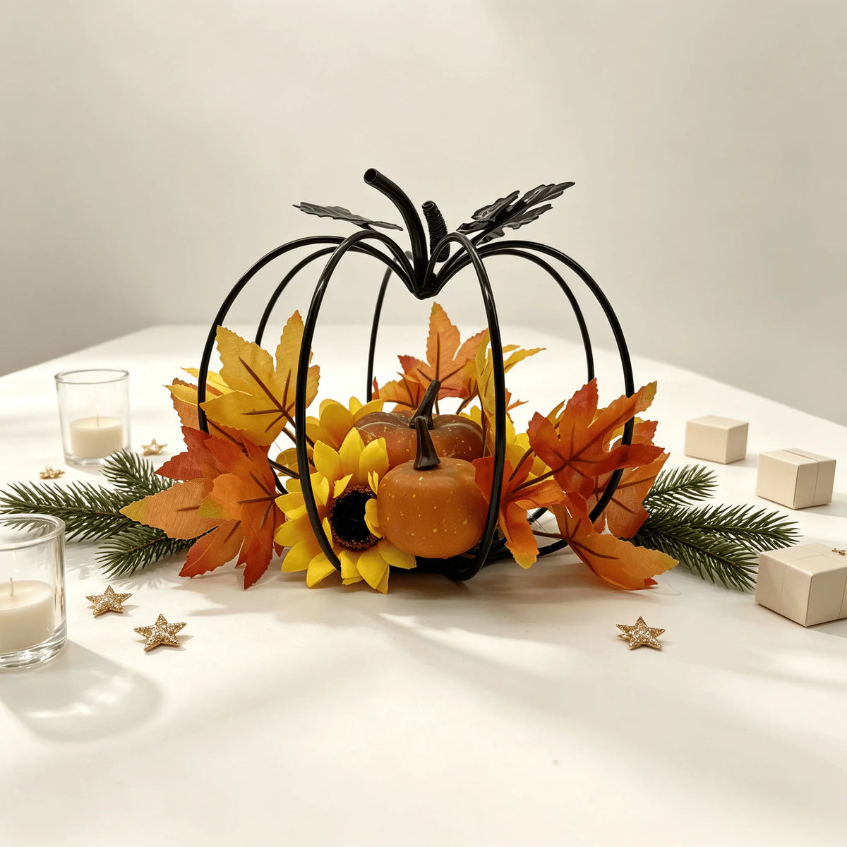 Black Iron Art Pumpkin Decoration Autumn Harvest Theme Desktop Decorations with Simulation Maple Leaf Sunflower Pumpkin for Than