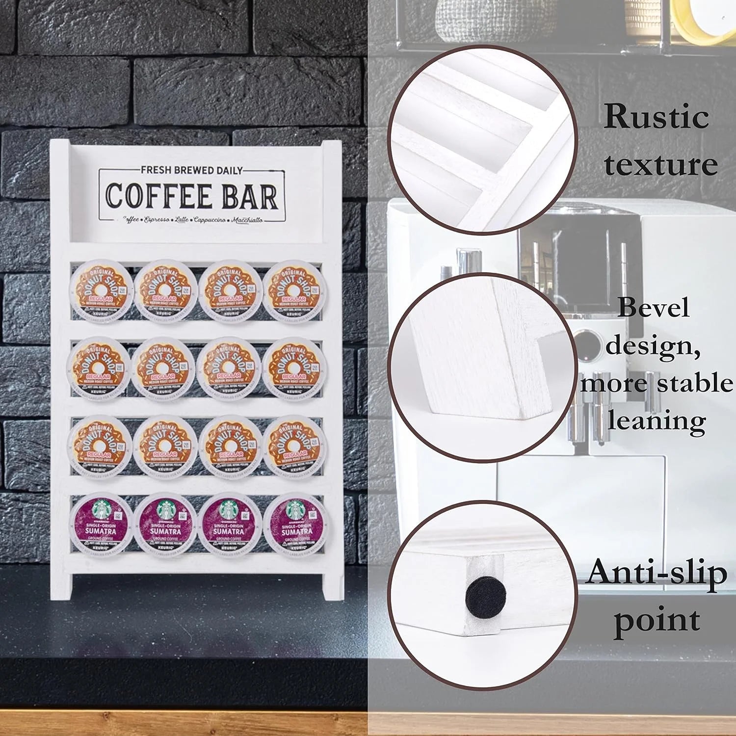 K Cup Holder, Farmhouse Coffee Pod Holder, Wooden Coffee Pod Ladder for Counter, Rustic Kcup Storage Organizer for Home Kitchen Coffee Bar Table Decor (White, Leafy Coffee Bar)