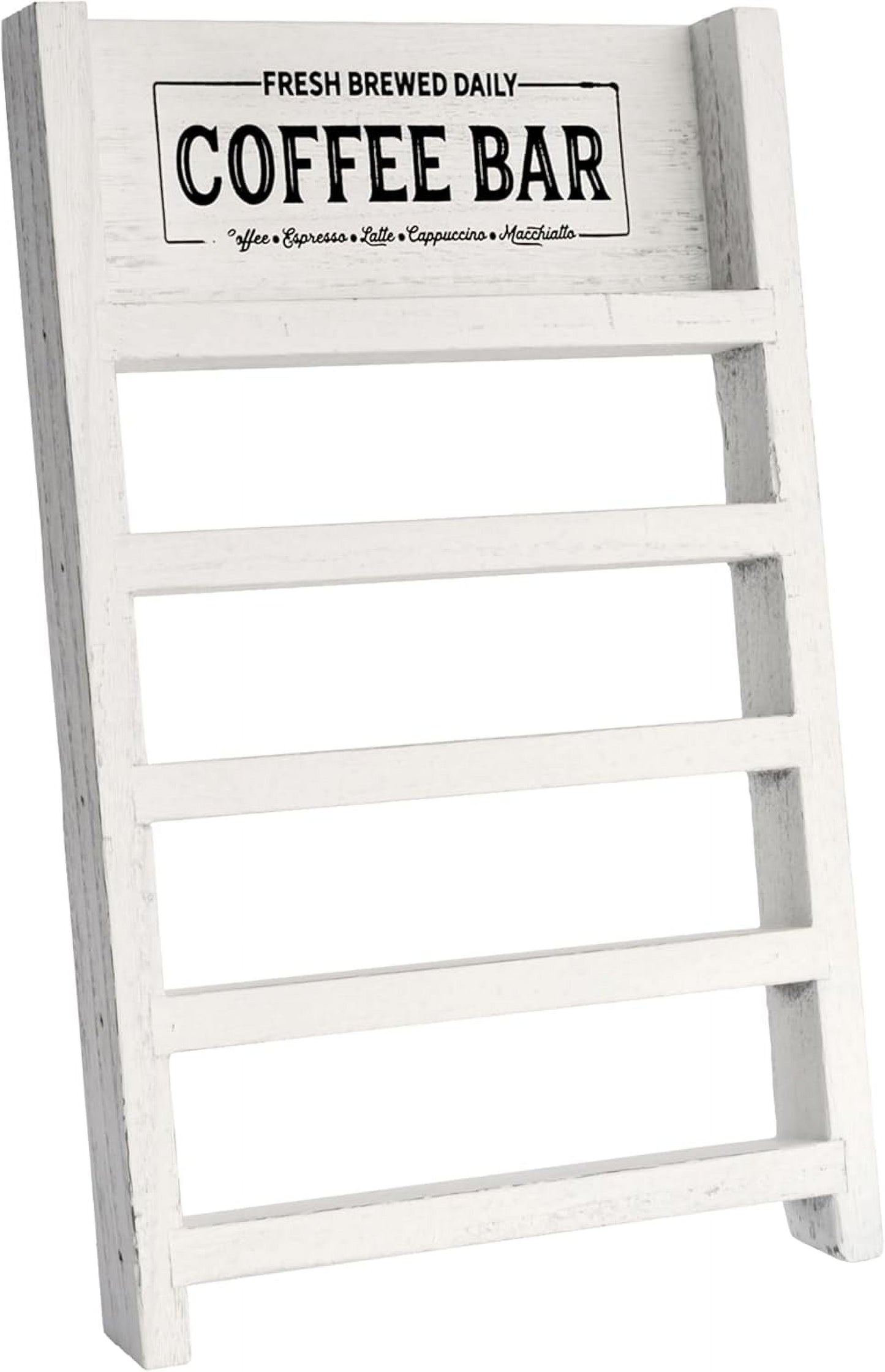 K Cup Holder, Farmhouse Coffee Pod Holder, Wooden Coffee Pod Ladder for Counter, Rustic Kcup Storage Organizer for Home Kitchen Coffee Bar Table Decor (White, Leafy Coffee Bar)