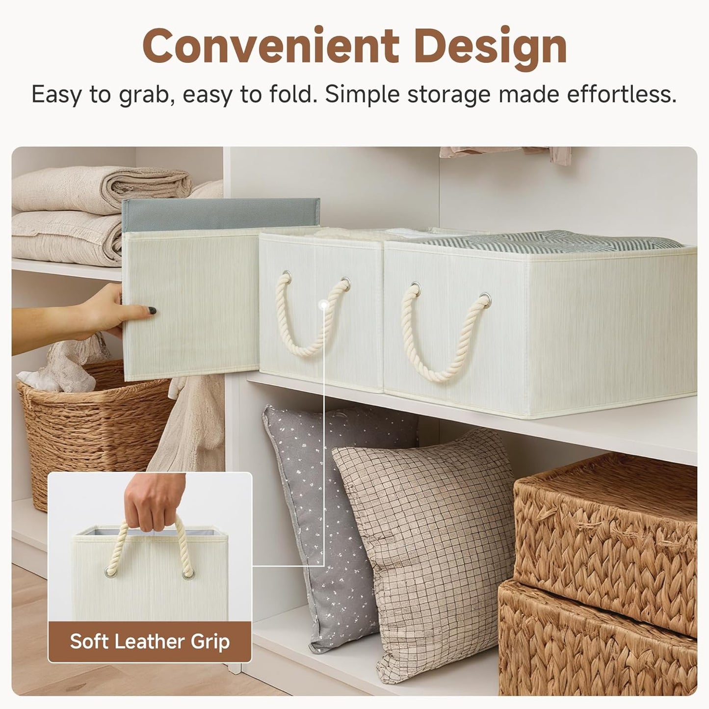 Storage Baskets for Shelves, Fabric Storage Bins, Closet Organization and Storage Basket, Foldable Organizer Bins for Clothes, Beige, White & Ivory, Large, 3-Pack