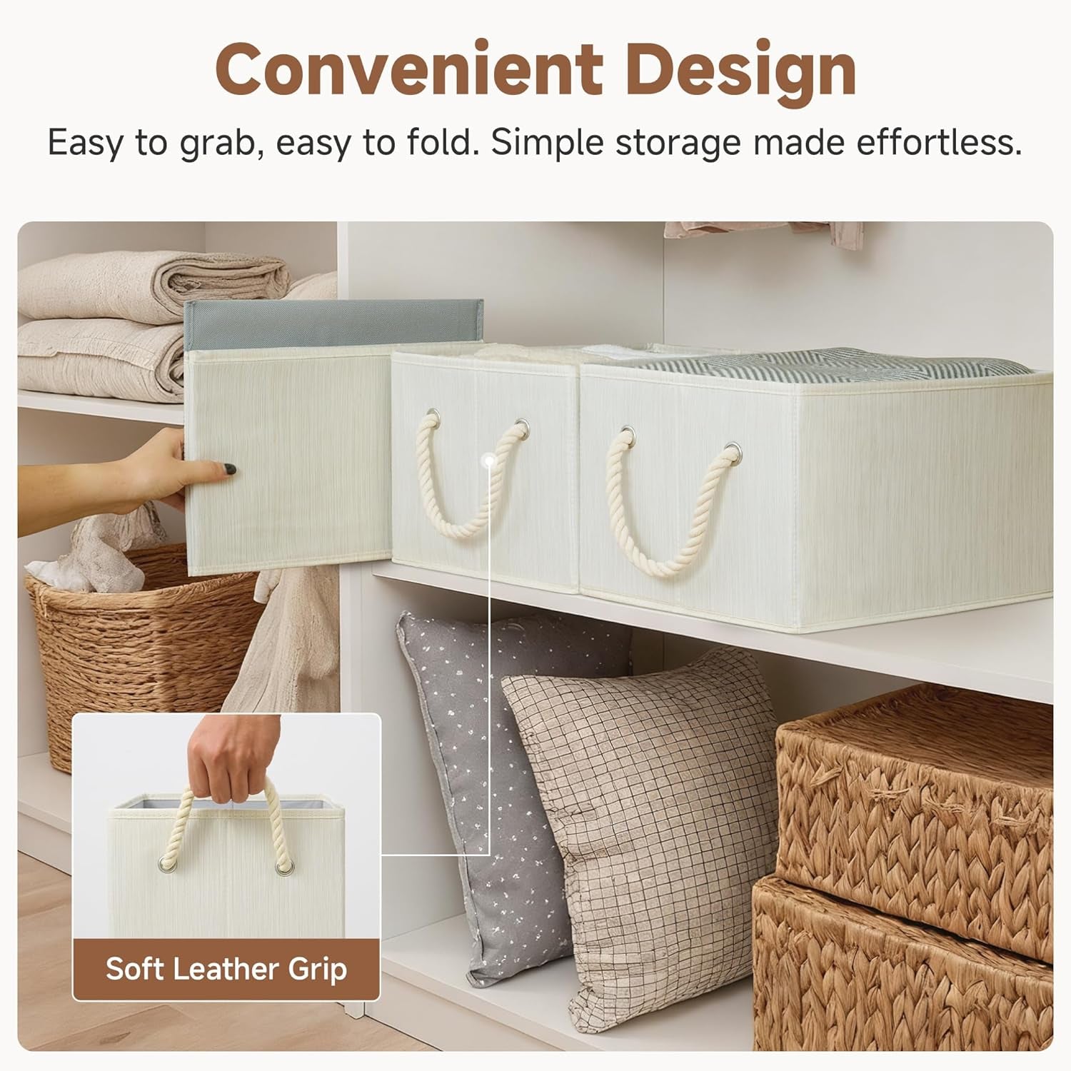 Storage Baskets for Shelves, Fabric Storage Bins, Closet Organization and Storage Basket, Foldable Organizer Bins for Clothes, Beige, White & Ivory, Large, 3-Pack