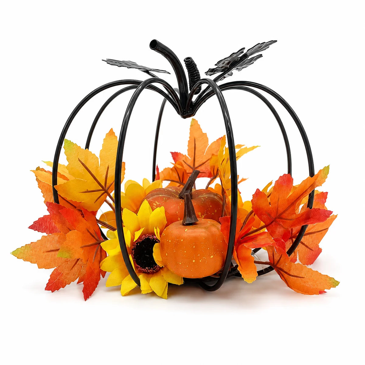 Black Iron Art Pumpkin Decoration Autumn Harvest Theme Desktop Decorations with Simulation Maple Leaf Sunflower Pumpkin for Than