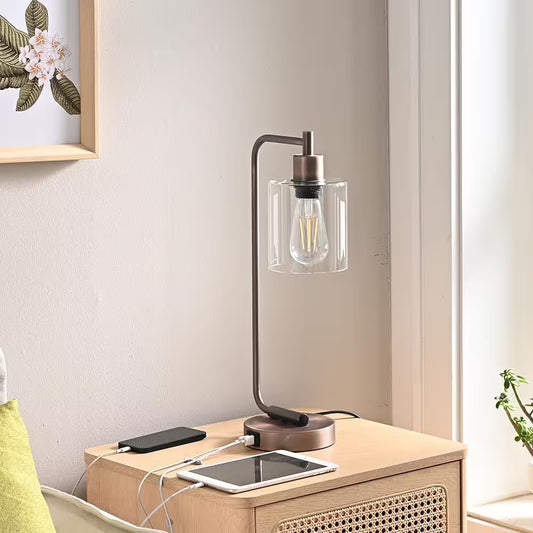 19 In. Antique Red Copper Metal Dimmable Touch Control Table Lamp with Glass Shade and USB Port