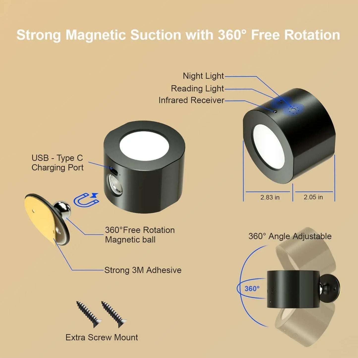 360° Magnetic LED Wall Lamp – USB Rechargeable Rotating Solid Wood Light with Remote Control