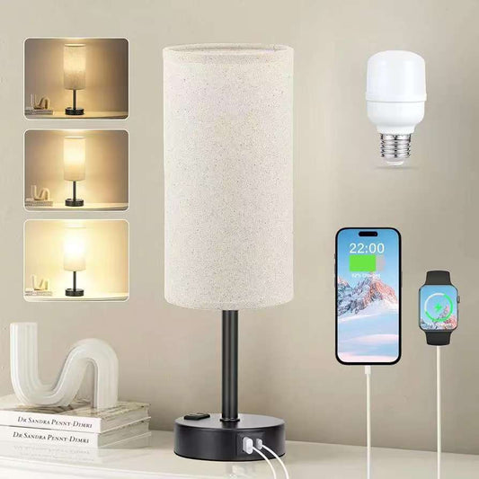 Wood Grain Touch Table Lamp with USB-A & USB-C Charging Ports, 3-Level Dimmable Bedside Lamp with Fabric Shade for Bedroom, Dorm, Apartment Nightstand