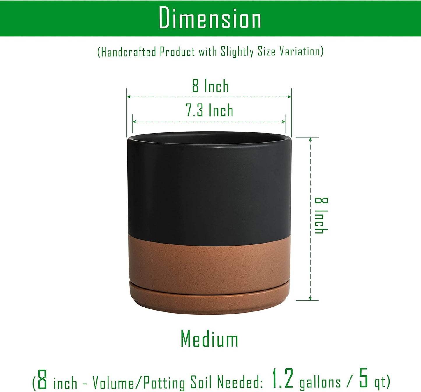 8 Inch Ceramic Planter Pot with Drainage Hole and Saucer, Indoor Cylinder round Planter Pot, Black/Speckled Tan, 94-O-D-7