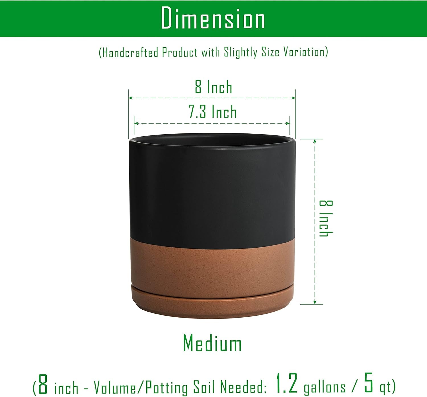 8 Inch Ceramic Planter Pot with Drainage Hole and Saucer, Indoor Cylinder round Planter Pot, Black/Speckled Tan, 94-O-D-7