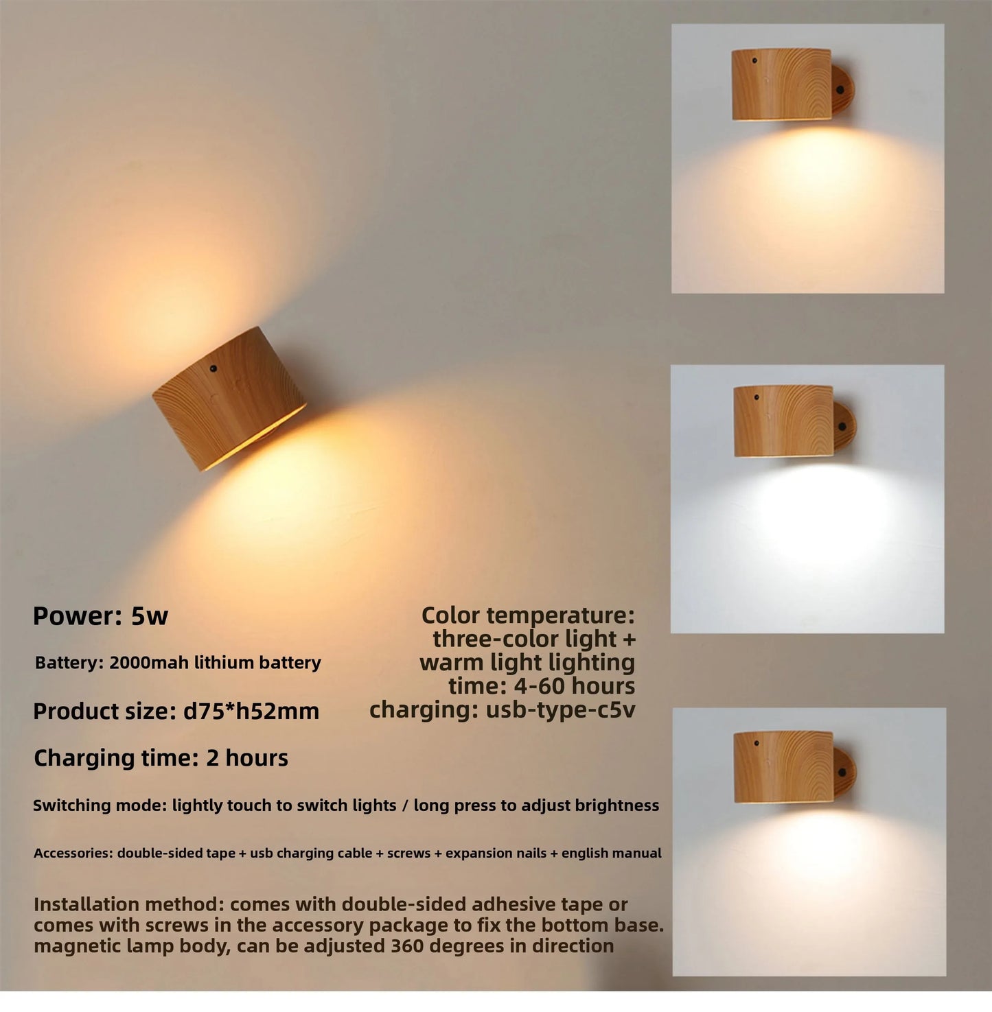 360° Magnetic LED Wall Lamp – USB Rechargeable Rotating Solid Wood Light with Remote Control