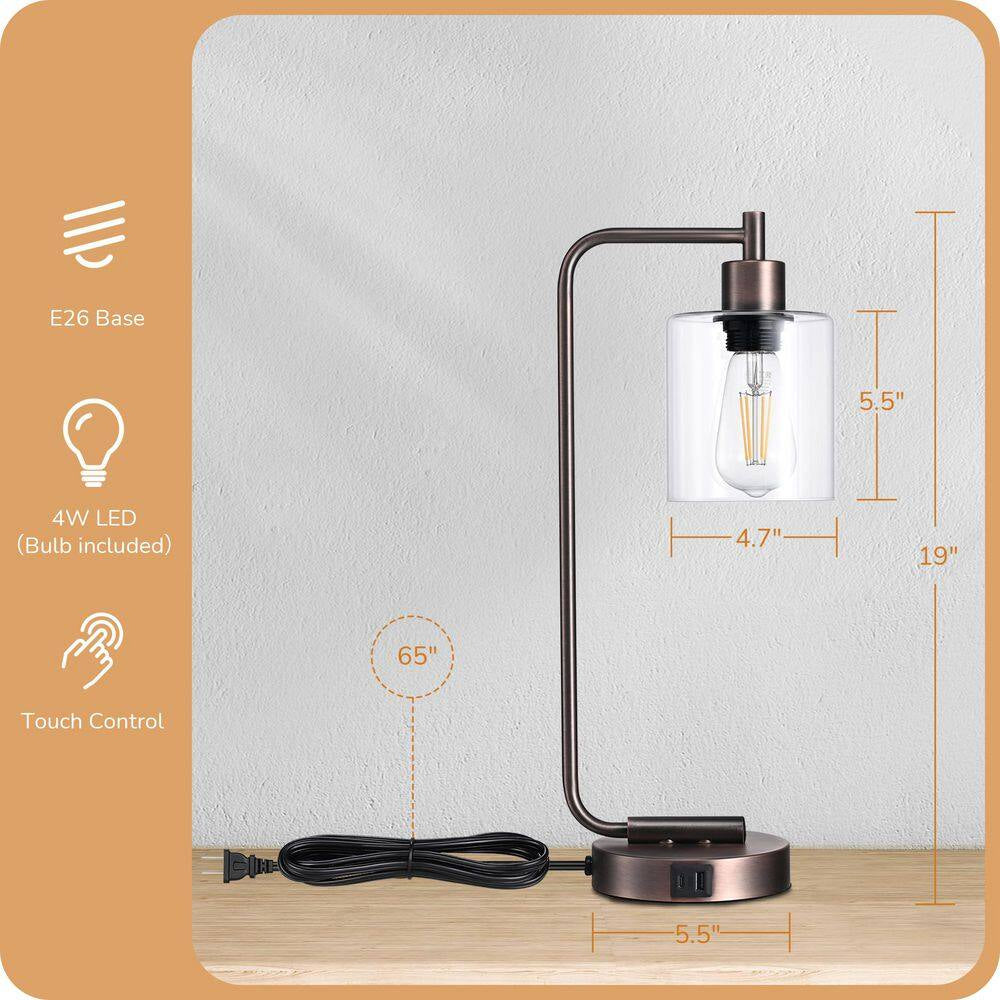 19 In. Antique Red Copper Metal Dimmable Touch Control Table Lamp with Glass Shade and USB Port