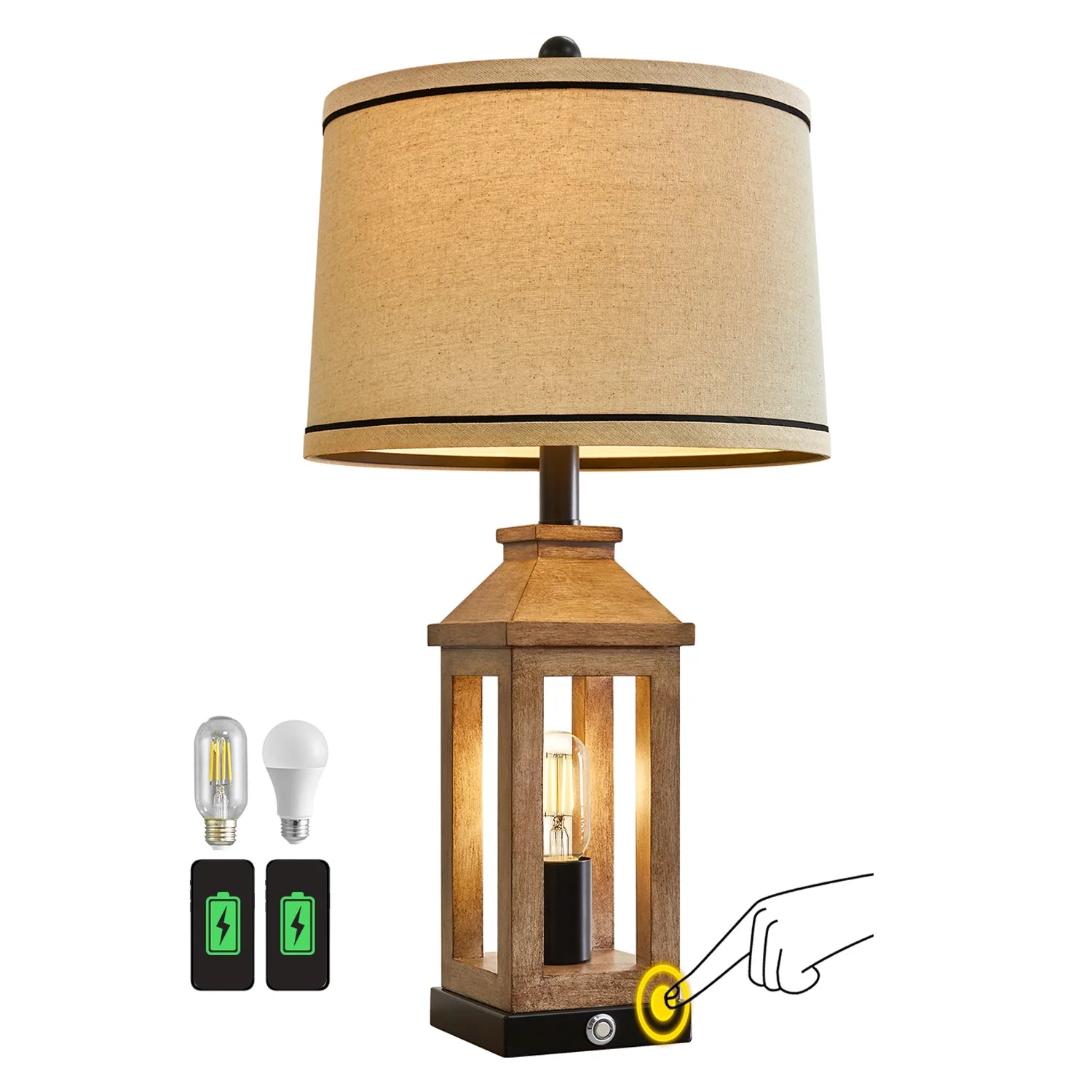 3 Way Dimmable Table Lamp with USB A+C Ports for Bedroom Living Room 23.75" Vintage Farmhouse Nightstand Bedside Lamps Resin (2 Bulbs Included)
