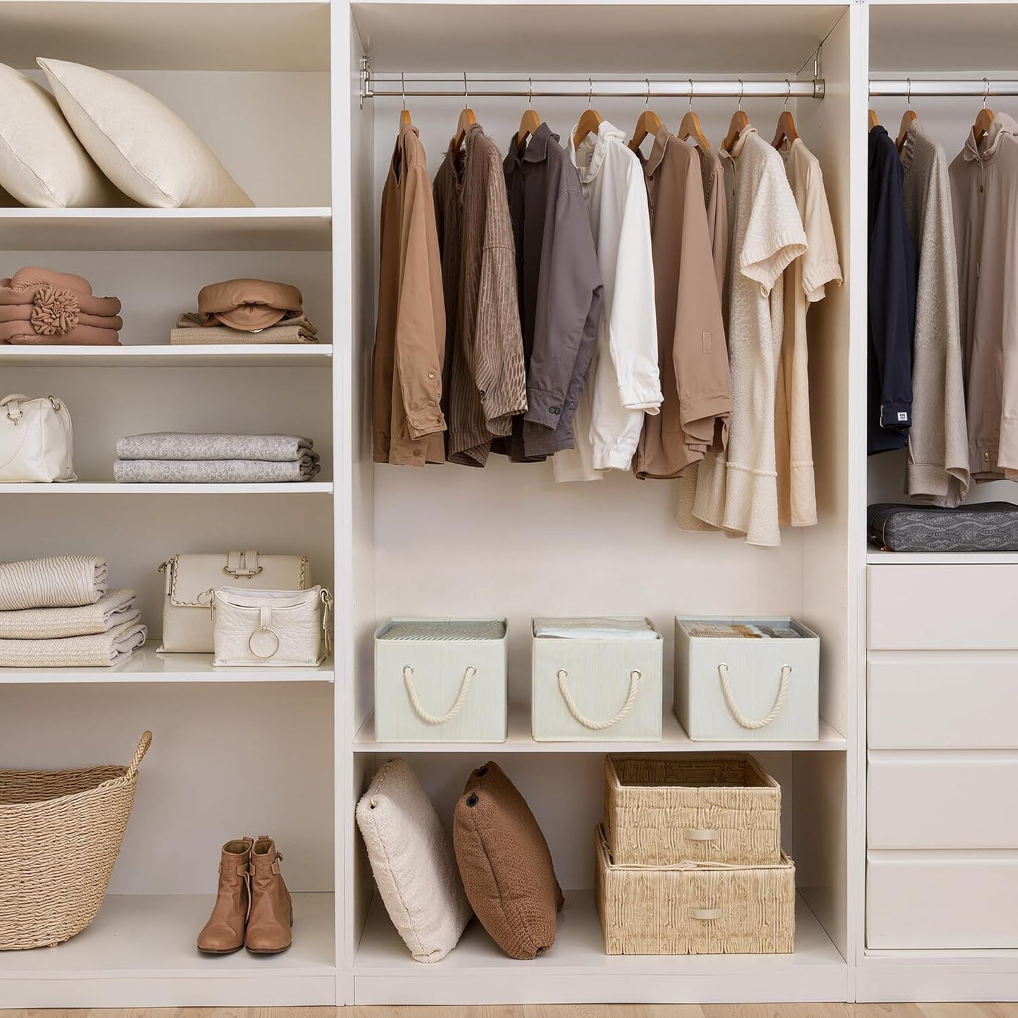 Storage Baskets for Shelves, Fabric Storage Bins, Closet Organization and Storage Basket, Foldable Organizer Bins for Clothes, Beige, White & Ivory, Large, 3-Pack