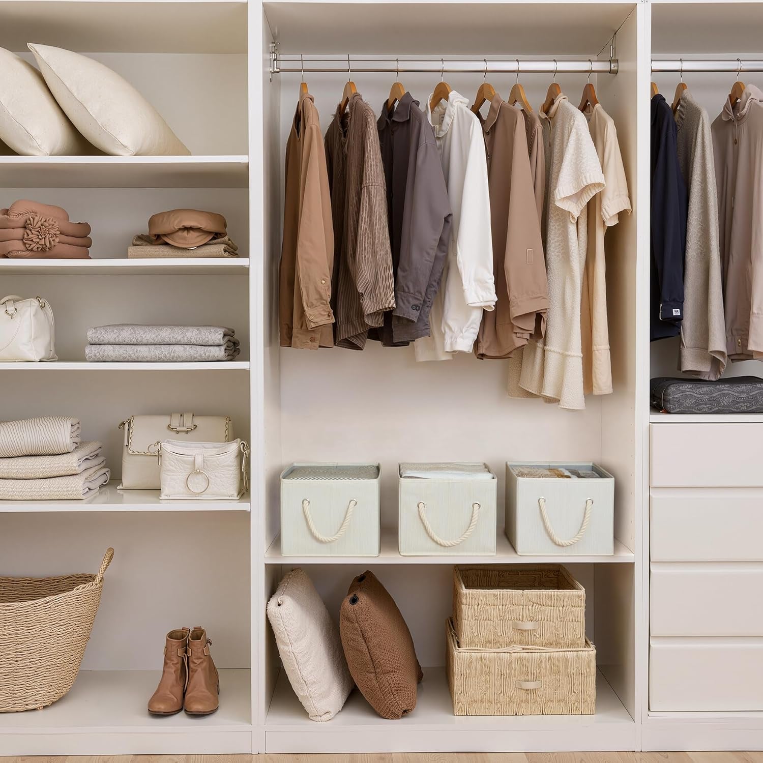 Storage Baskets for Shelves, Fabric Storage Bins, Closet Organization and Storage Basket, Foldable Organizer Bins for Clothes, Beige, White & Ivory, Large, 3-Pack