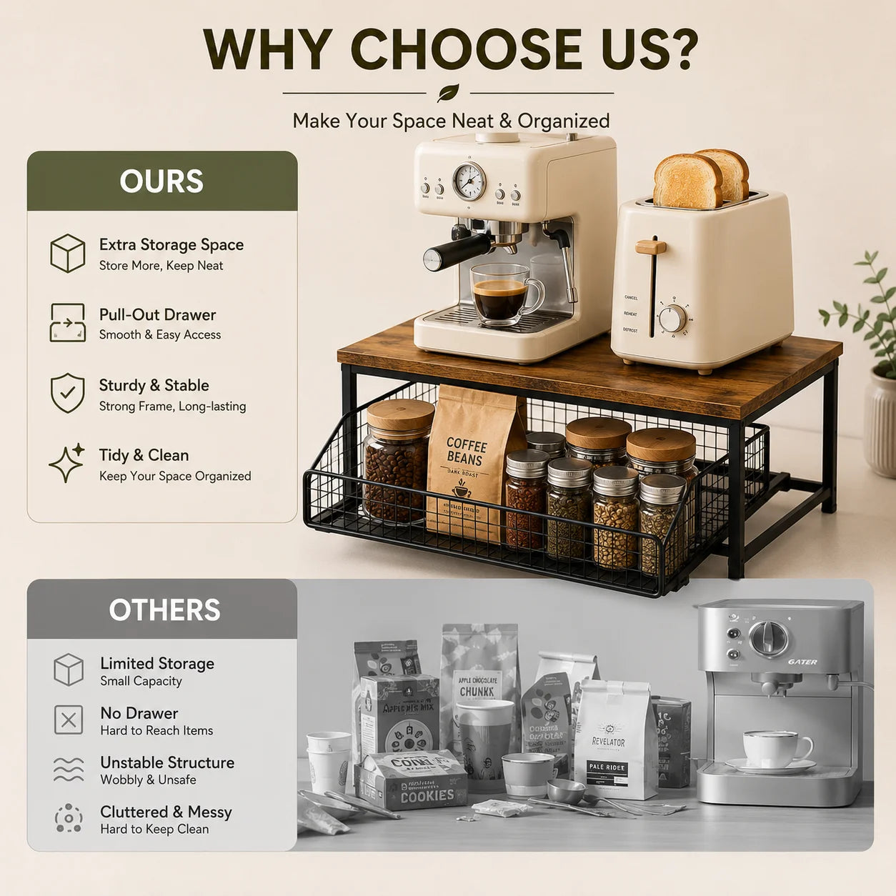 Pull-Out Kitchen Counter & Coffee Station Organizer