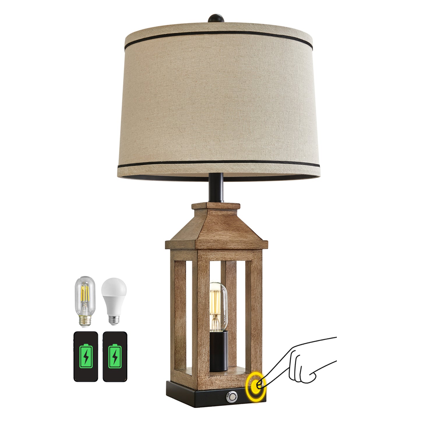 3 Way Dimmable Table Lamp with USB A+C Ports for Bedroom Living Room 23.75" Vintage Farmhouse Nightstand Bedside Lamps Resin (2 Bulbs Included)