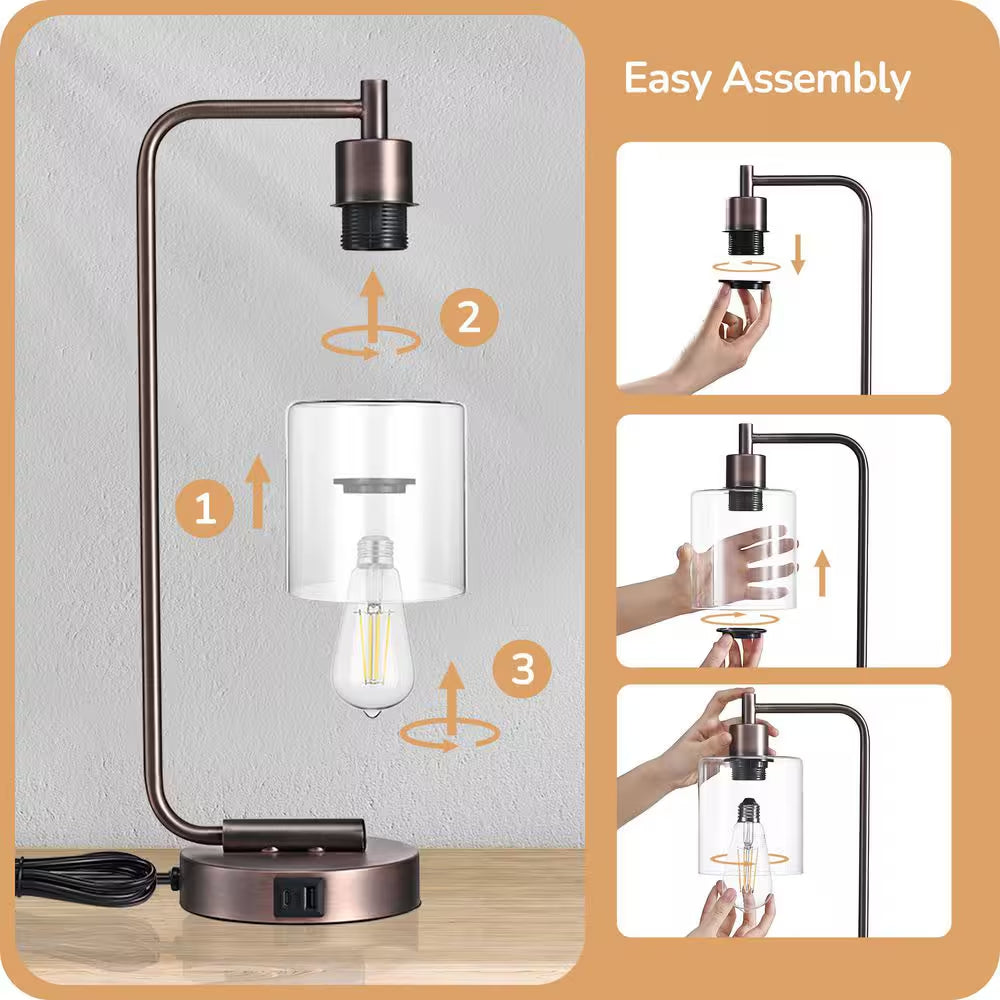 19 In. Antique Red Copper Metal Dimmable Touch Control Table Lamp with Glass Shade and USB Port