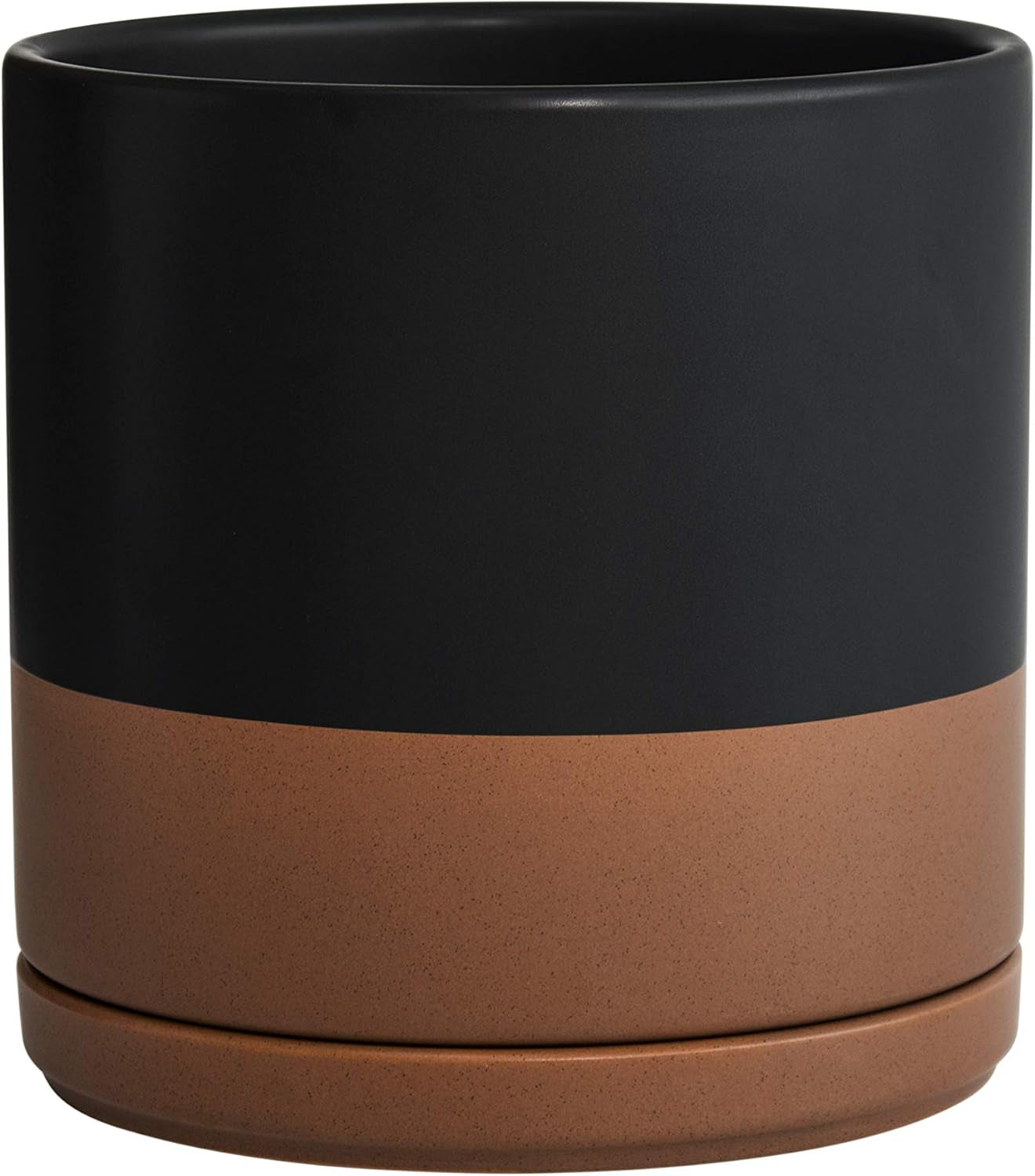 8 Inch Ceramic Planter Pot with Drainage Hole and Saucer, Indoor Cylinder round Planter Pot, Black/Speckled Tan, 94-O-D-7