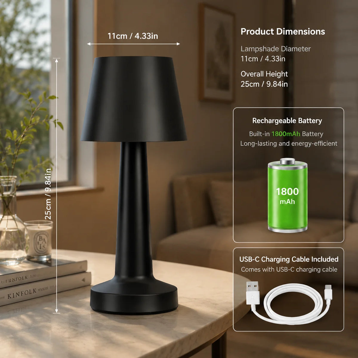Wireless Rechargeable LED Mushroom Table Lamp