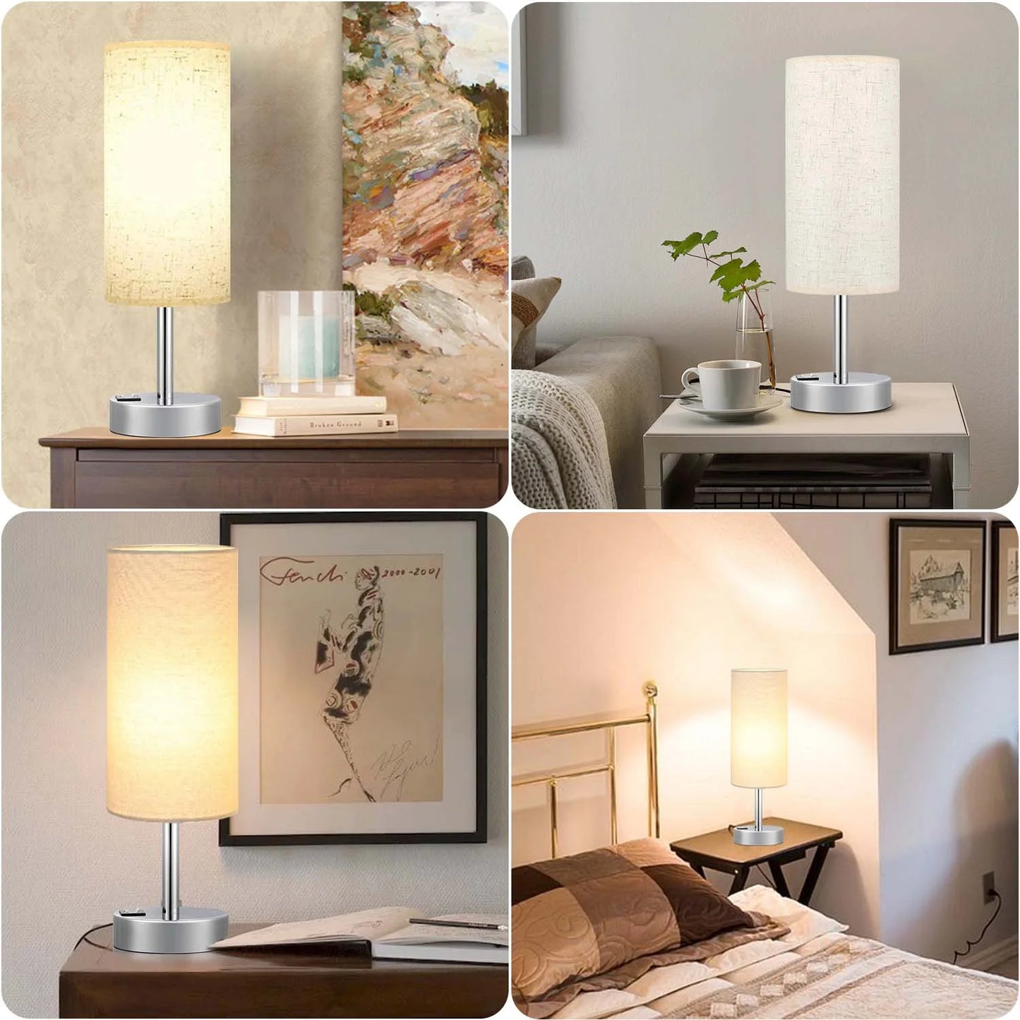 15.4" Table Lamp, 3 Way Dimmable Light Touch Lamp, USB C&A Fast Charging Ports, Fabric Shade Silver Base, for Bedroom, Living Room, Office