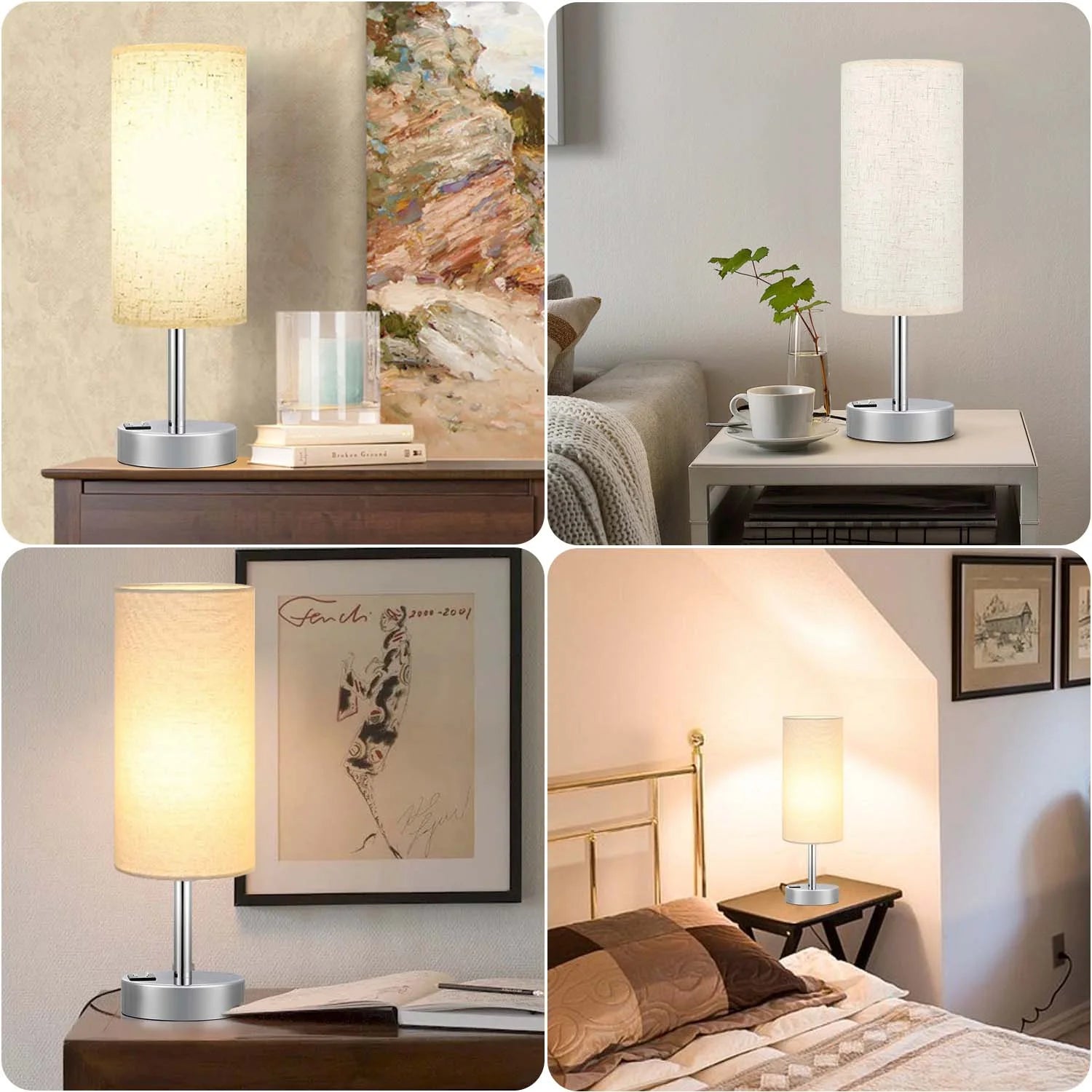 15.4" Table Lamp, 3 Way Dimmable Light Touch Lamp, USB C&A Fast Charging Ports, Fabric Shade Silver Base, for Bedroom, Living Room, Office