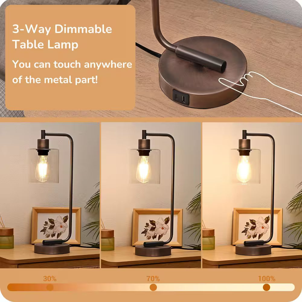 19 In. Antique Red Copper Metal Dimmable Touch Control Table Lamp with Glass Shade and USB Port
