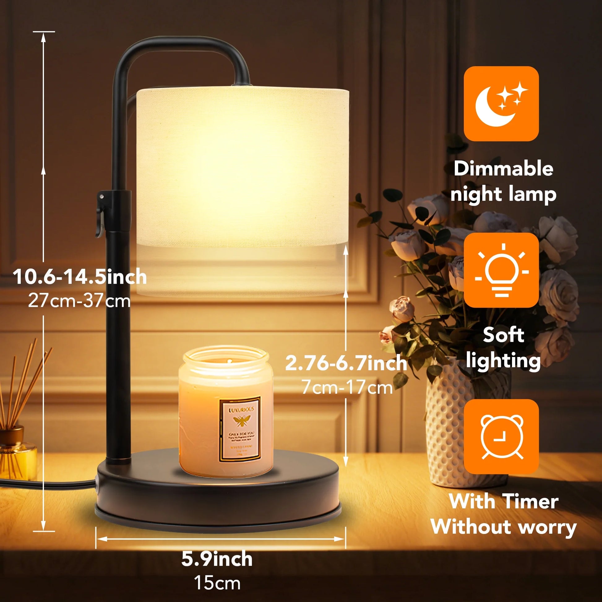 Candle Warmer Lamp with Timer, Dimmable,Adjustable Height Wax Warmer Lamp with 2*50W Bulbs, House Warming Gifts for Mom Friend Bedroom Home Decor