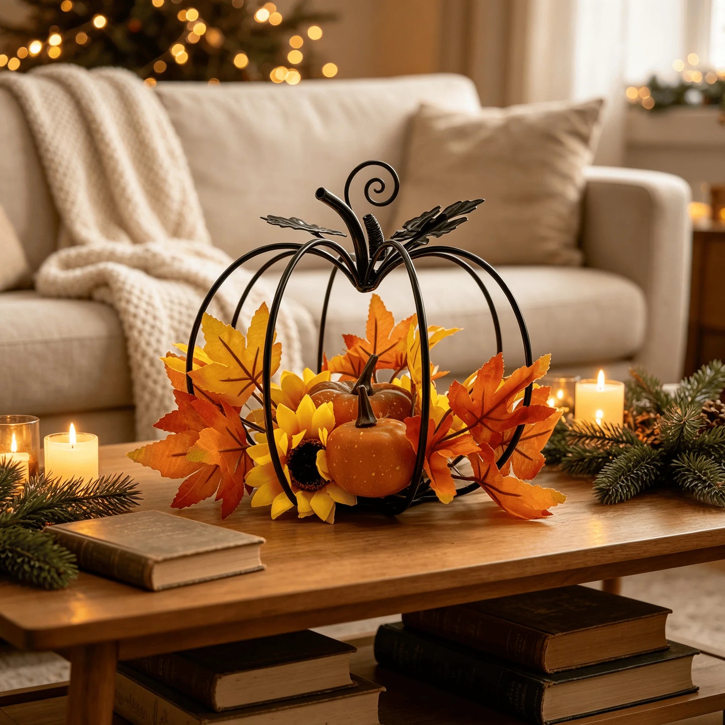 Black Iron Art Pumpkin Decoration Autumn Harvest Theme Desktop Decorations with Simulation Maple Leaf Sunflower Pumpkin for Than