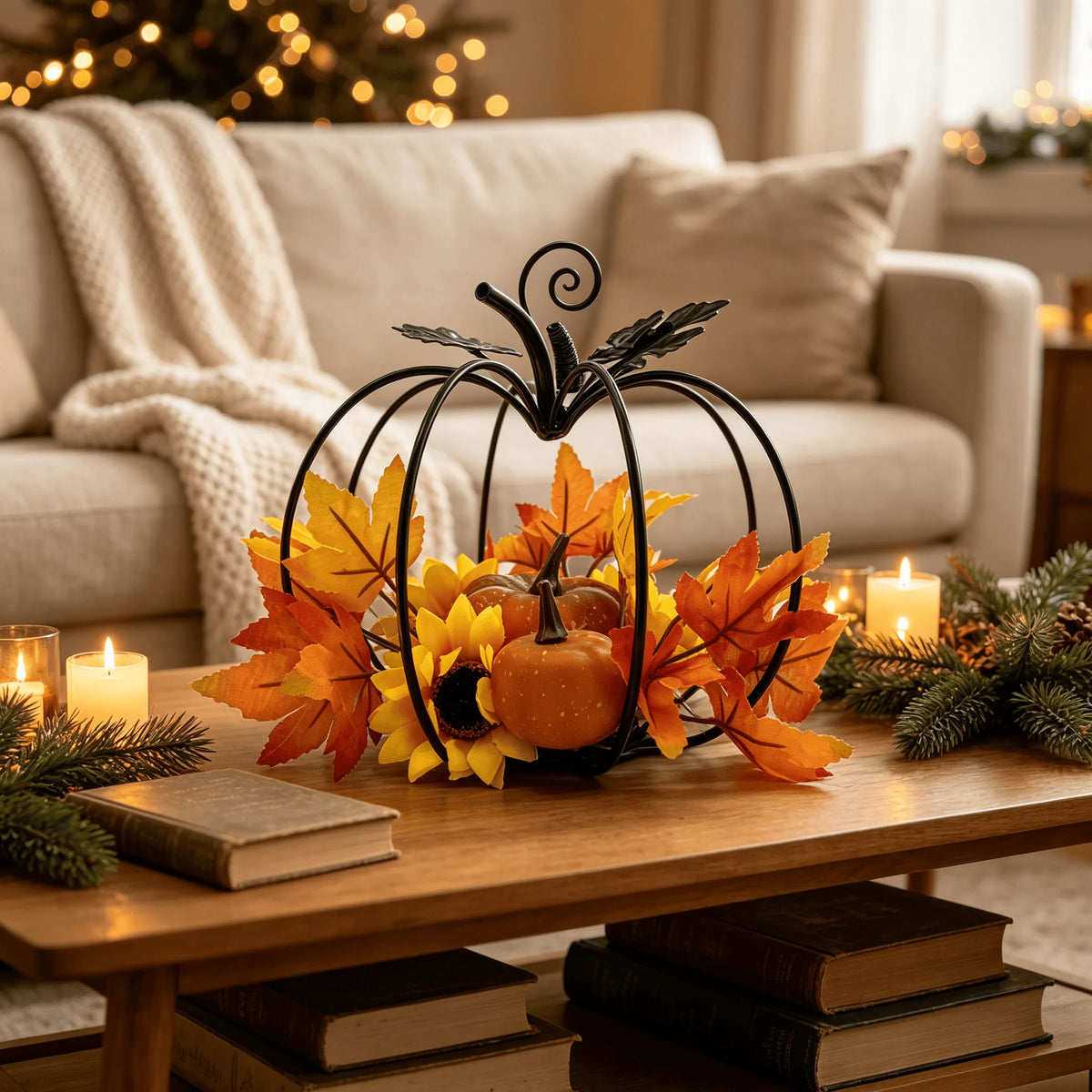 Black Iron Art Pumpkin Decoration Autumn Harvest Theme Desktop Decorations with Simulation Maple Leaf Sunflower Pumpkin for Than