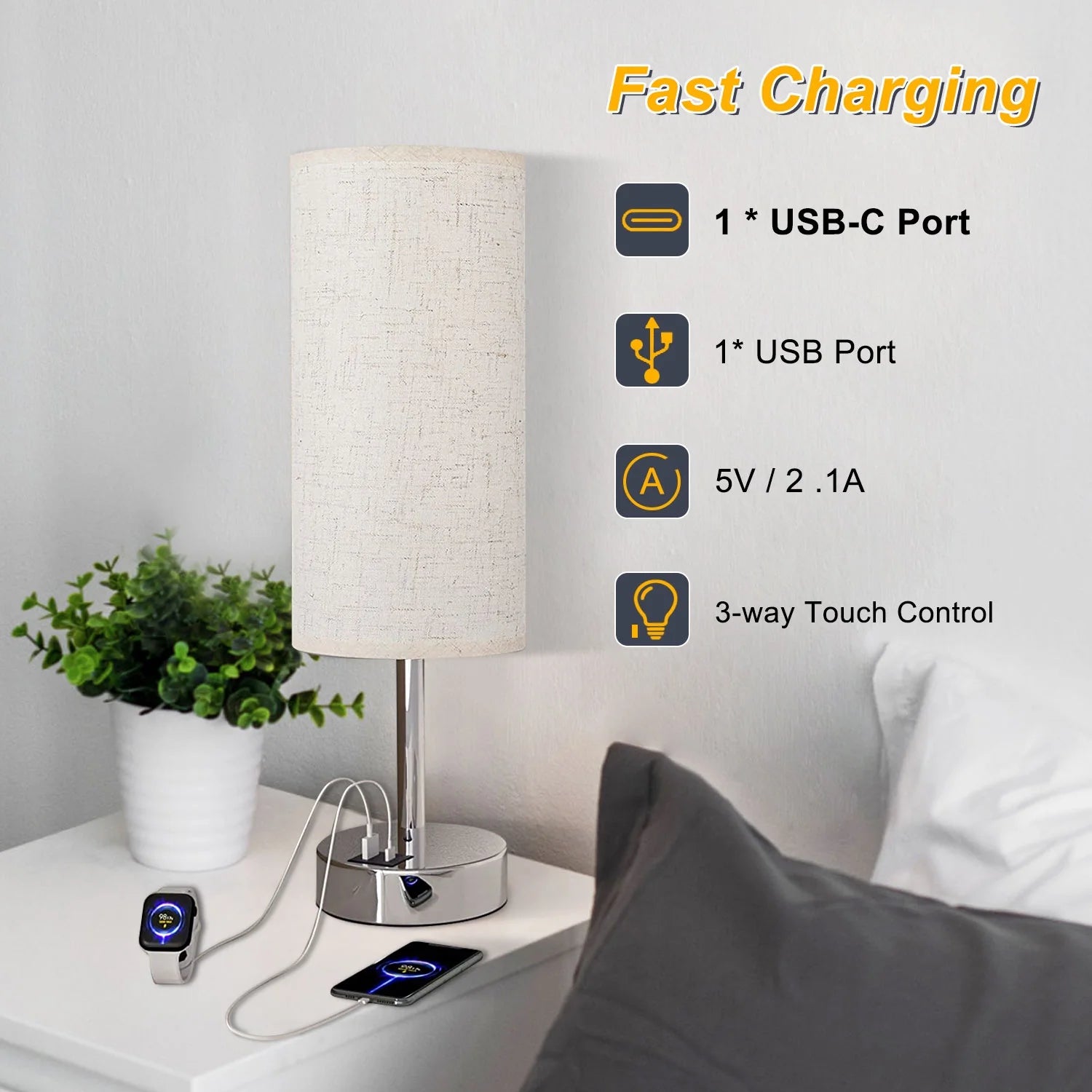 15.4" Table Lamp, 3 Way Dimmable Light Touch Lamp, USB C&A Fast Charging Ports, Fabric Shade Silver Base, for Bedroom, Living Room, Office