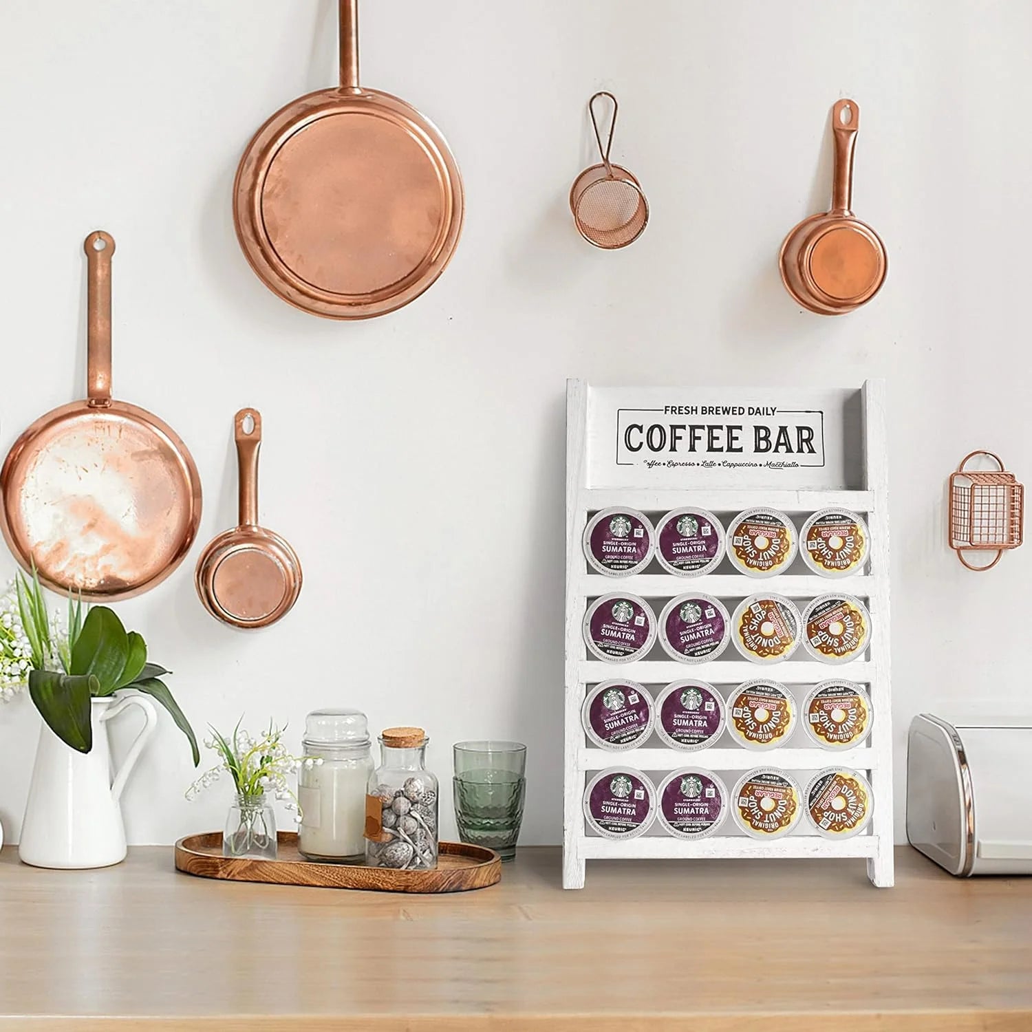 K Cup Holder, Farmhouse Coffee Pod Holder, Wooden Coffee Pod Ladder for Counter, Rustic Kcup Storage Organizer for Home Kitchen Coffee Bar Table Decor (White, Leafy Coffee Bar)