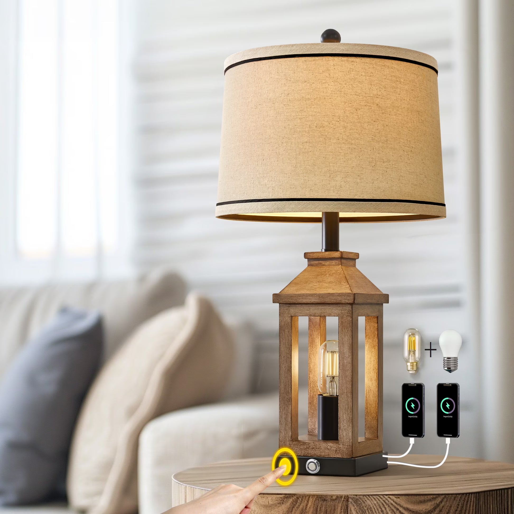 3 Way Dimmable Table Lamp with USB A+C Ports for Bedroom Living Room 23.75" Vintage Farmhouse Nightstand Bedside Lamps Resin (2 Bulbs Included)