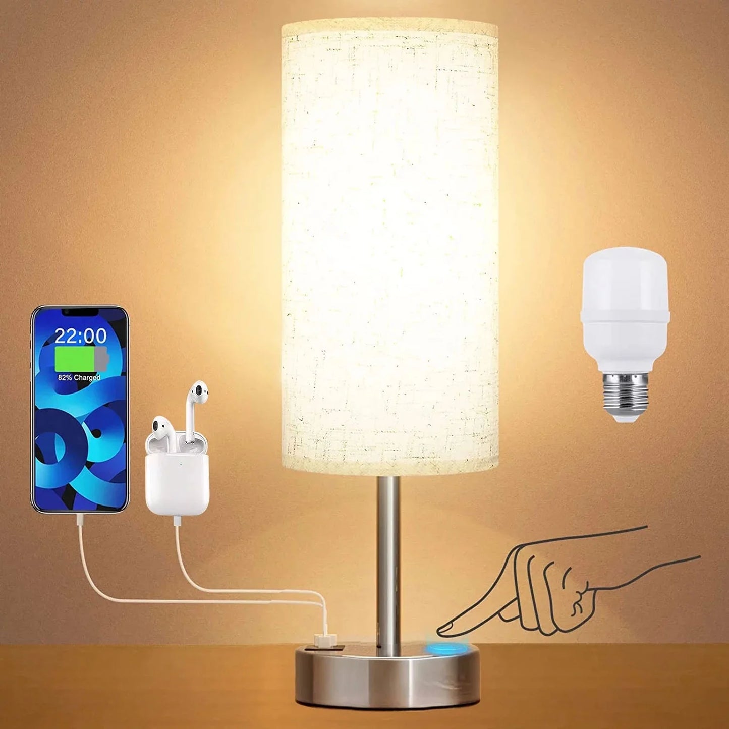 15.4" Table Lamp, 3 Way Dimmable Light Touch Lamp, USB C&A Fast Charging Ports, Fabric Shade Silver Base, for Bedroom, Living Room, Office