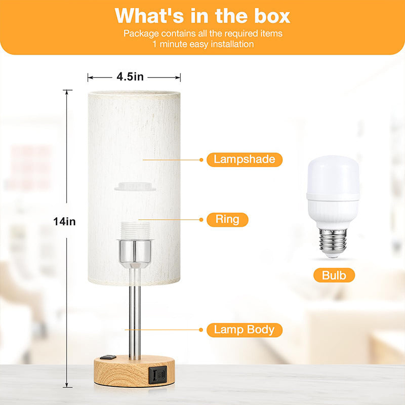 Wood Grain Touch Table Lamp with USB-A & USB-C Charging Ports, 3-Level Dimmable Bedside Lamp with Fabric Shade for Bedroom, Dorm, Apartment Nightstand