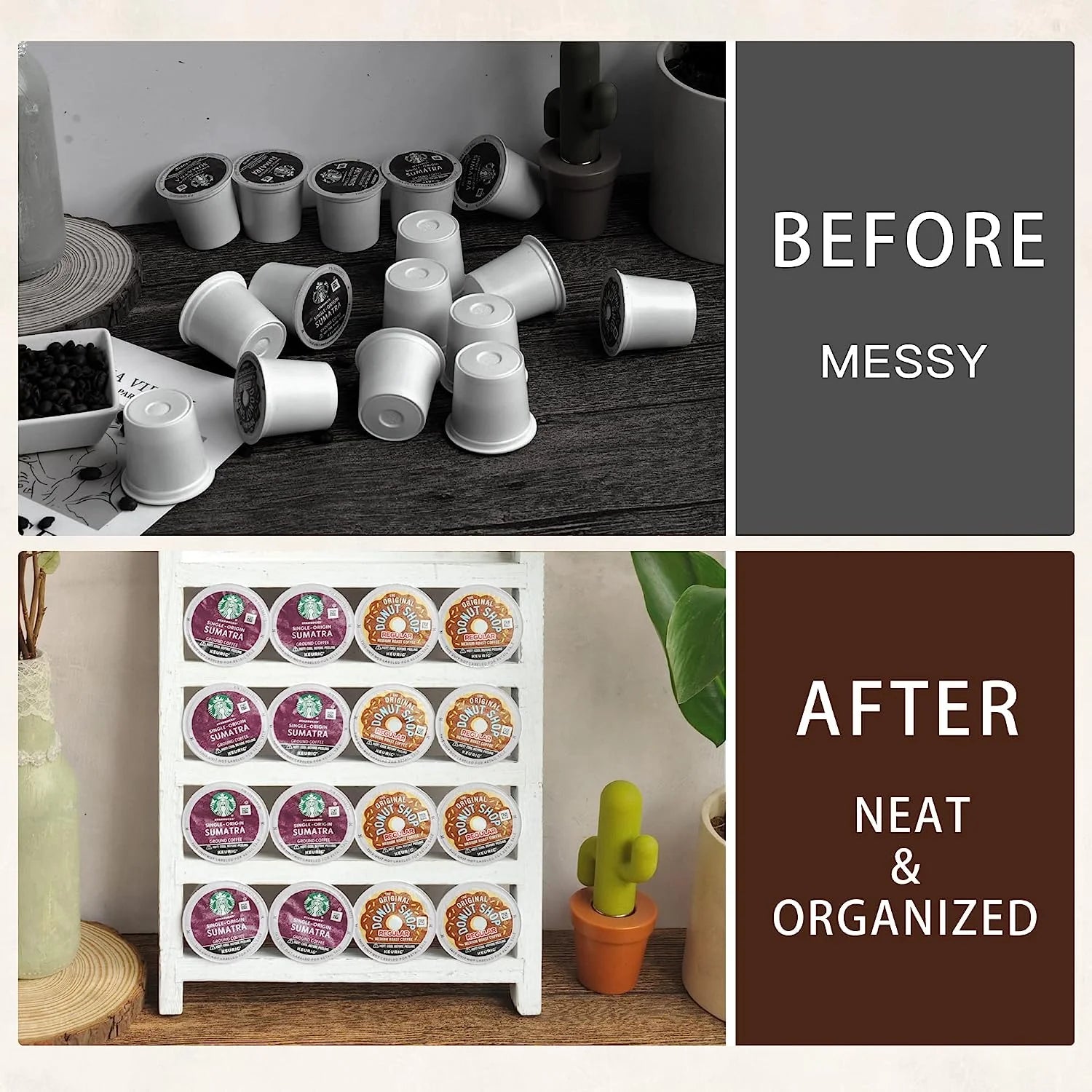 K Cup Holder, Farmhouse Coffee Pod Holder, Wooden Coffee Pod Ladder for Counter, Rustic Kcup Storage Organizer for Home Kitchen Coffee Bar Table Decor (White, Leafy Coffee Bar)