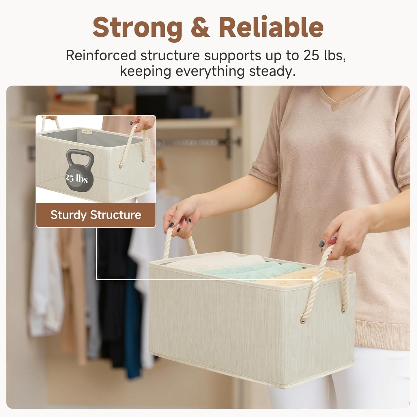 Storage Baskets for Shelves, Fabric Storage Bins, Closet Organization and Storage Basket, Foldable Organizer Bins for Clothes, Beige, White & Ivory, Large, 3-Pack