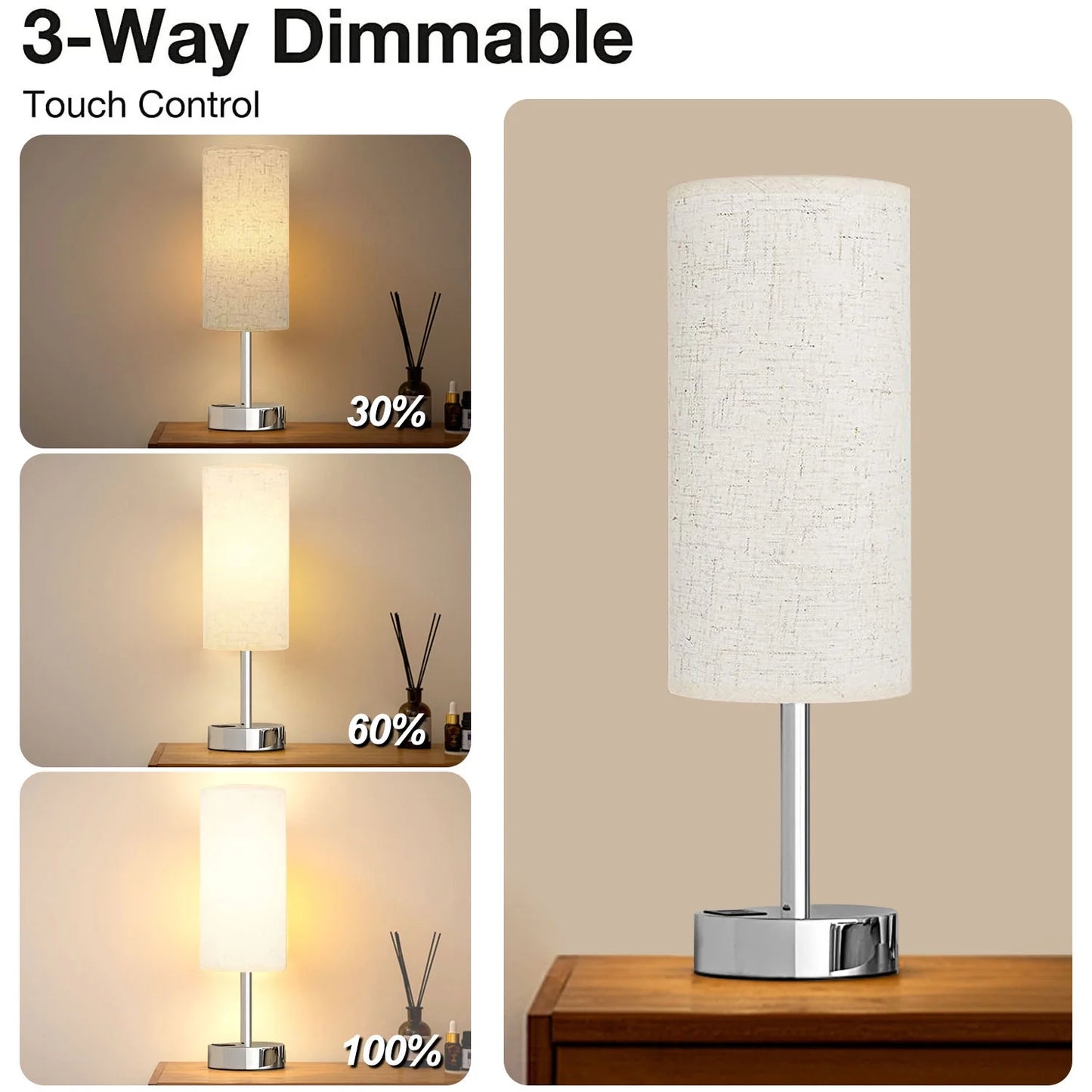 15.4" Table Lamp, 3 Way Dimmable Light Touch Lamp, USB C&A Fast Charging Ports, Fabric Shade Silver Base, for Bedroom, Living Room, Office