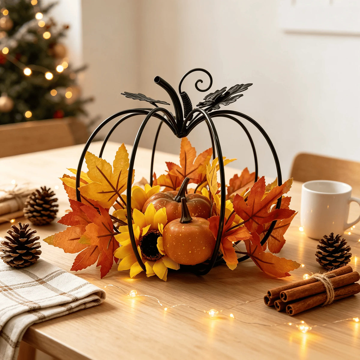 Black Iron Art Pumpkin Decoration Autumn Harvest Theme Desktop Decorations with Simulation Maple Leaf Sunflower Pumpkin for Than