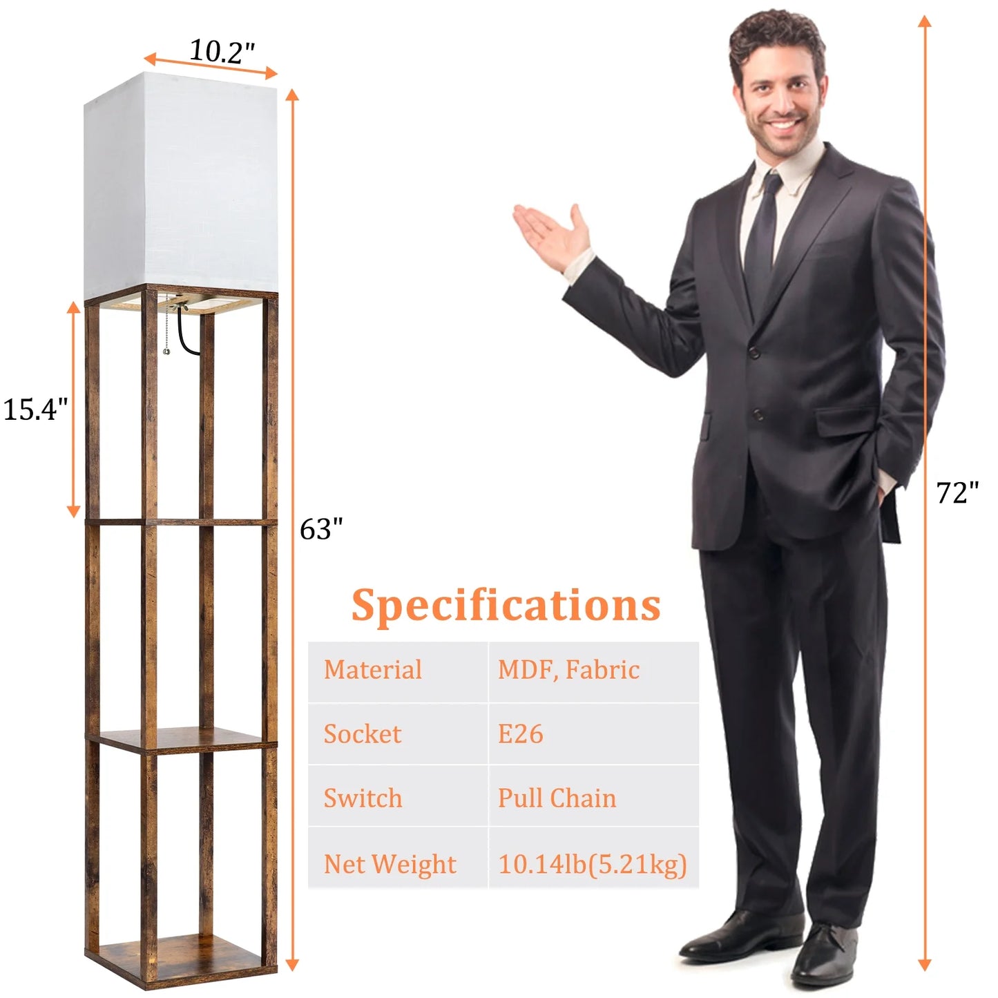 Floor Lamp with Shelves, Modern Dimmable Solid Wood Standing Lamp for Living Room and Bedroom