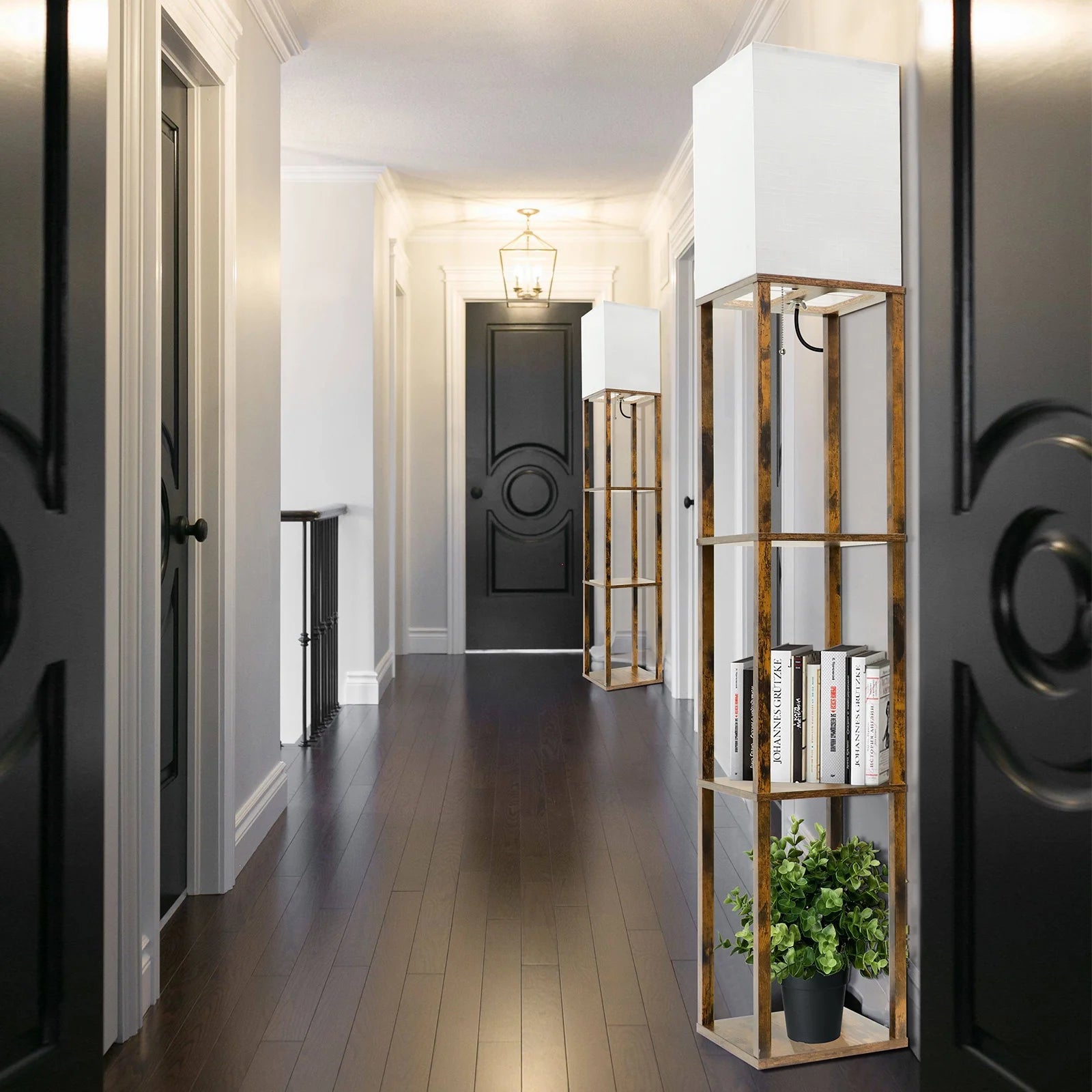 Floor Lamp with Shelves, Modern Dimmable Solid Wood Standing Lamp for Living Room and Bedroom