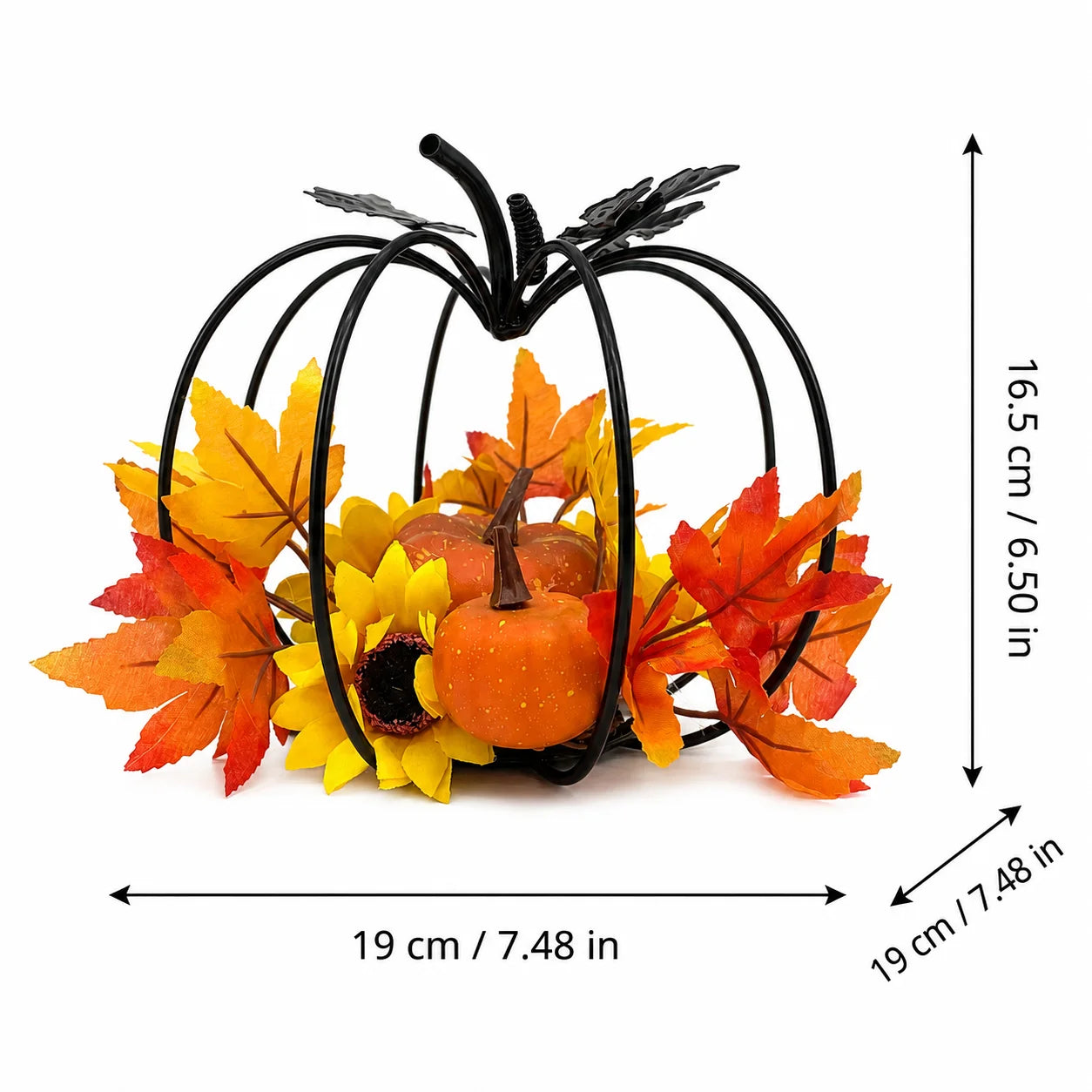 Black Iron Art Pumpkin Decoration Autumn Harvest Theme Desktop Decorations with Simulation Maple Leaf Sunflower Pumpkin for Than