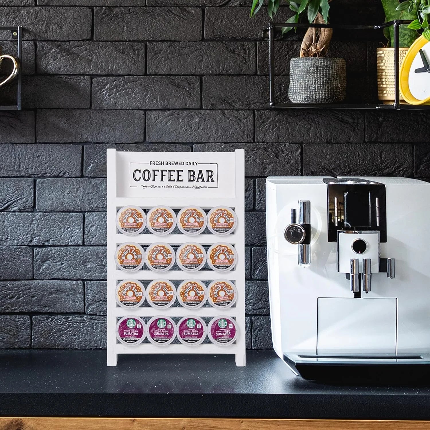 K Cup Holder, Farmhouse Coffee Pod Holder, Wooden Coffee Pod Ladder for Counter, Rustic Kcup Storage Organizer for Home Kitchen Coffee Bar Table Decor (White, Leafy Coffee Bar)