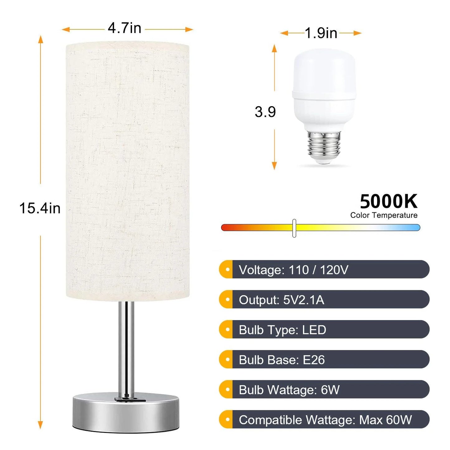 15.4" Table Lamp, 3 Way Dimmable Light Touch Lamp, USB C&A Fast Charging Ports, Fabric Shade Silver Base, for Bedroom, Living Room, Office
