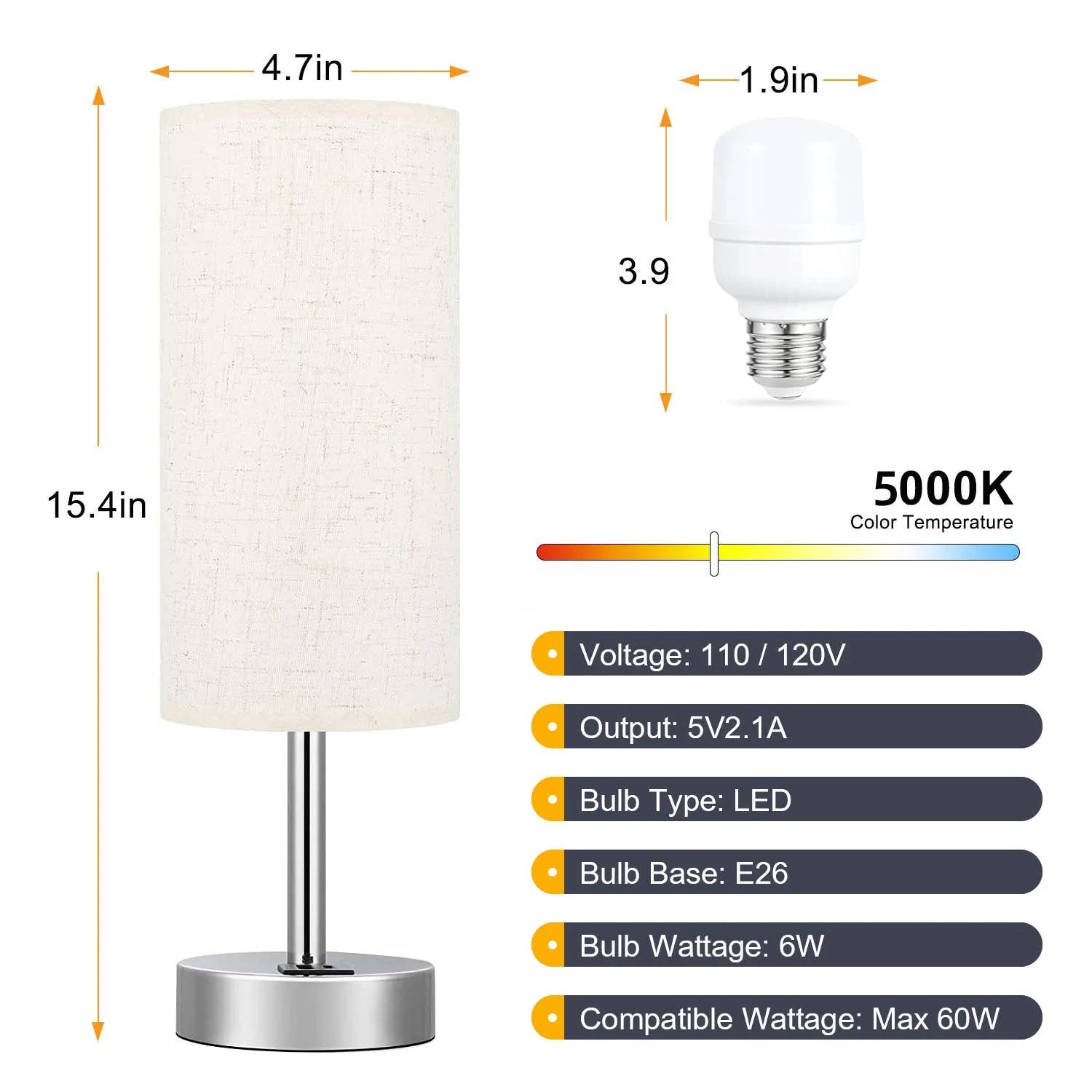 15.4" Table Lamp, 3 Way Dimmable Light Touch Lamp, USB C&A Fast Charging Ports, Fabric Shade Silver Base, for Bedroom, Living Room, Office