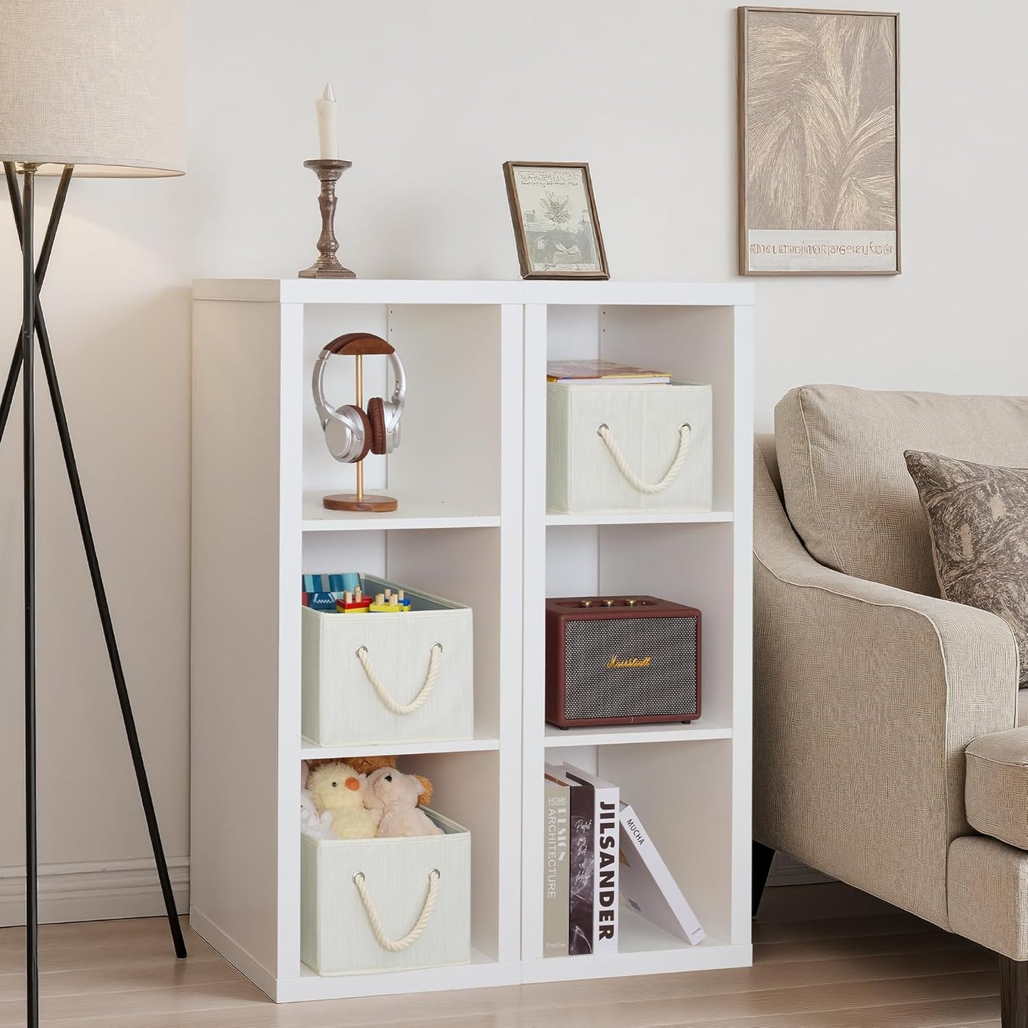 Storage Baskets for Shelves, Fabric Storage Bins, Closet Organization and Storage Basket, Foldable Organizer Bins for Clothes, Beige, White & Ivory, Large, 3-Pack