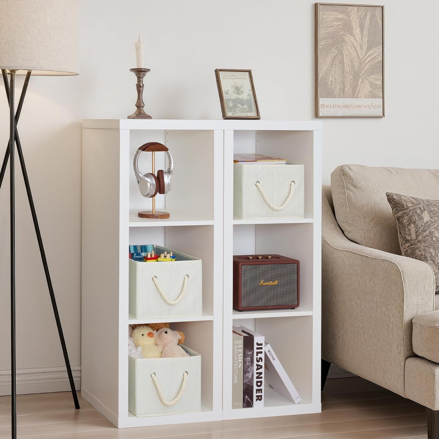 Storage Baskets for Shelves, Fabric Storage Bins, Closet Organization and Storage Basket, Foldable Organizer Bins for Clothes, Beige, White & Ivory, Large, 3-Pack