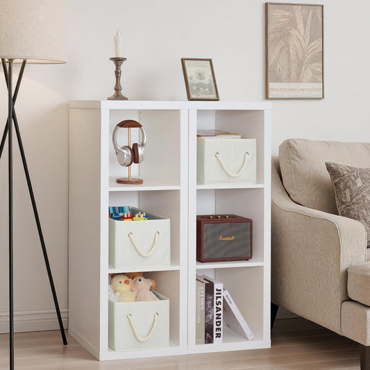 Storage Baskets for Shelves, Fabric Storage Bins, Closet Organization and Storage Basket, Foldable Organizer Bins for Clothes, Beige, White & Ivory, Large, 3-Pack