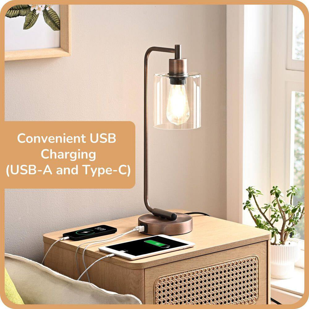 19 In. Antique Red Copper Metal Dimmable Touch Control Table Lamp with Glass Shade and USB Port