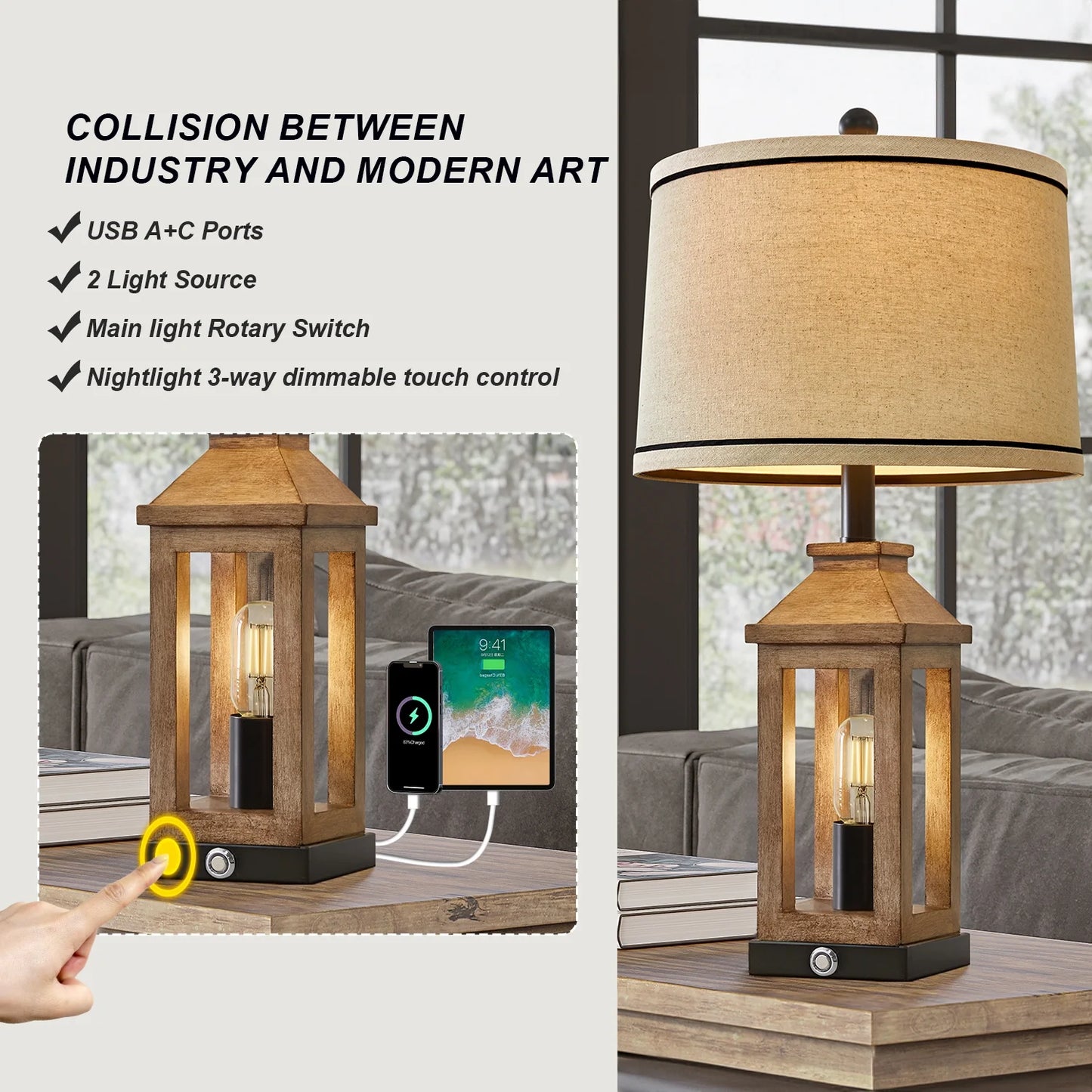 3 Way Dimmable Table Lamp with USB A+C Ports for Bedroom Living Room 23.75" Vintage Farmhouse Nightstand Bedside Lamps Resin (2 Bulbs Included)