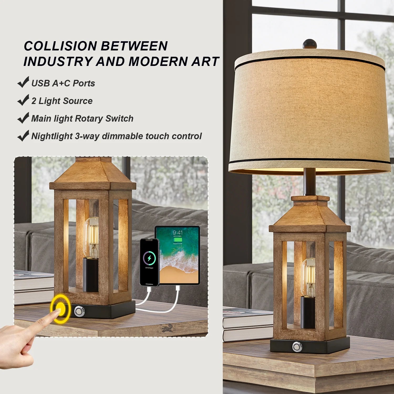 3 Way Dimmable Table Lamp with USB A+C Ports for Bedroom Living Room 23.75" Vintage Farmhouse Nightstand Bedside Lamps Resin (2 Bulbs Included)